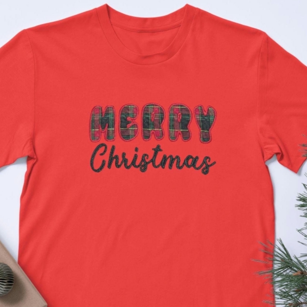 Plus Size Custom Embroidered Red Merry Christmas Festive T-Shirt